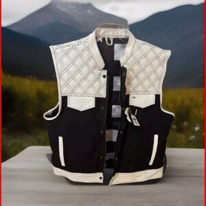 New Men's Black/White Leather Vest USA Flag Inner Concealed Bike YKK Zipper XL